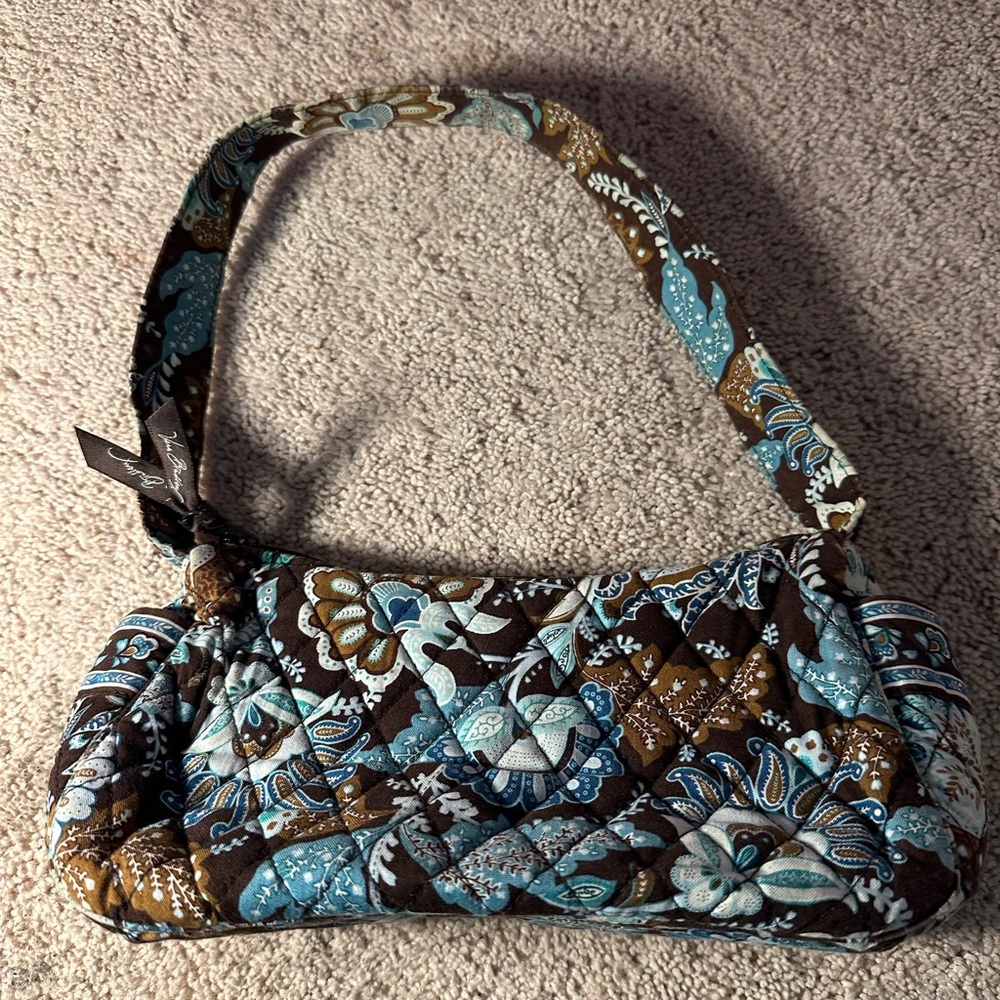 Vera Bradley Blue and Brown Quilted Shoulder Bag with Crescent Shape